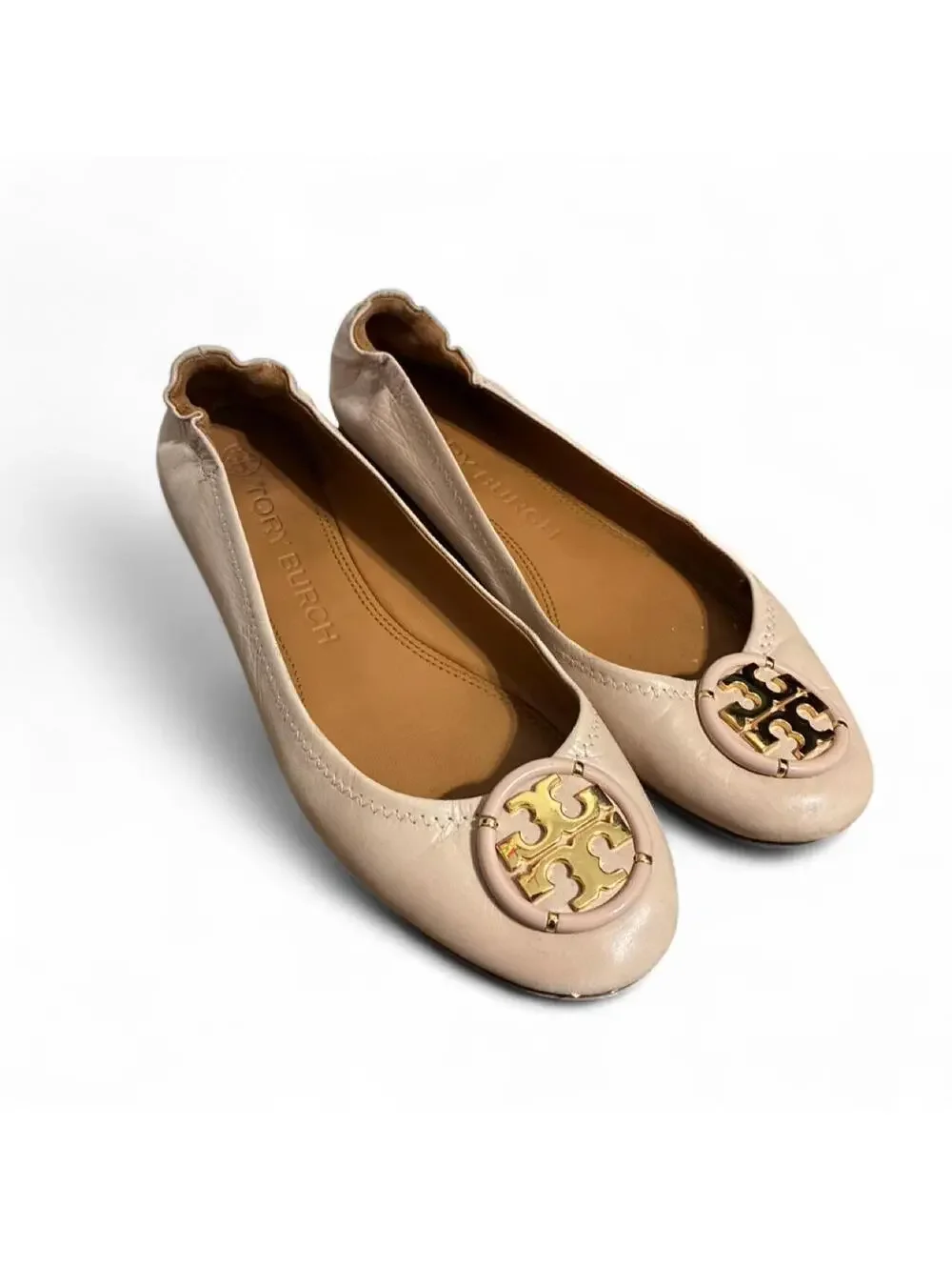 Tory Burch Minnie Travel Ballet Flats Blush Pink Leather Gold Logo Size 8.5